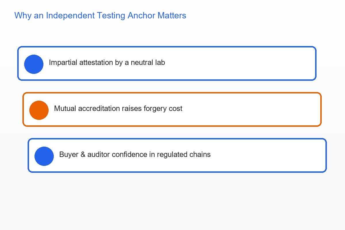 Diagram showing why independent third-party testing strengthens product authentication and brand trust