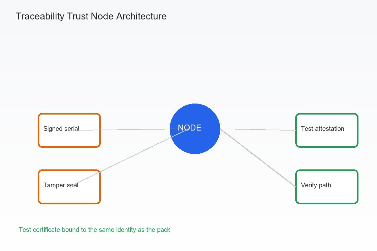 Architecture of a traceability trust node linking third-party test attestation to signed product identity