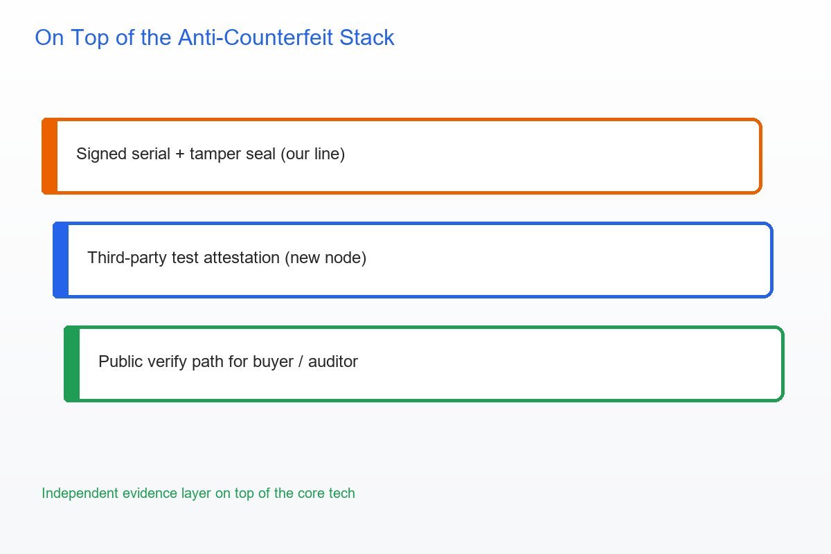 Independent third-party attestation layered on top of the anti-counterfeit stack of signed serial and tamper seal