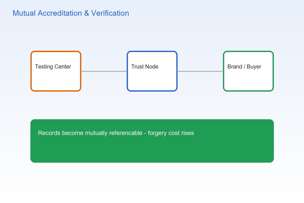 Mutual accreditation making test and serialization records mutually referencable to raise forgery cost