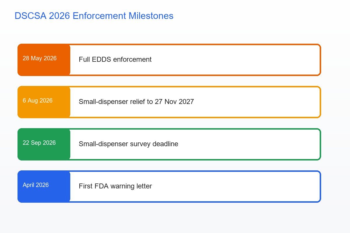 Timeline of 2026 DSCSA enforcement milestones from full EDDS to the small-dispenser extension