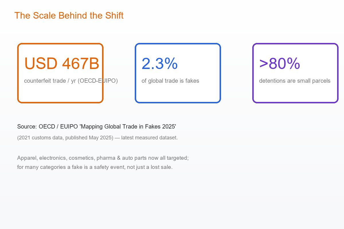 Scale of global counterfeiting in 2026: USD 467 billion, 2.3% of world trade, over 80% of detentions are small parcels