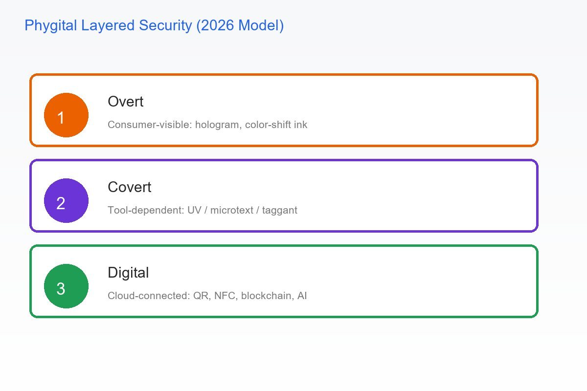 Phygital layered security model: overt physical features, covert tool-dependent markers, and cloud-connected digital identity