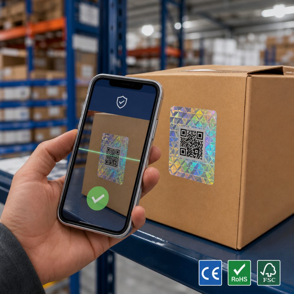 Consumer scanning a holographic dynamic QR anti-counterfeit label on a shipping box with a verified-genuine result on screen
