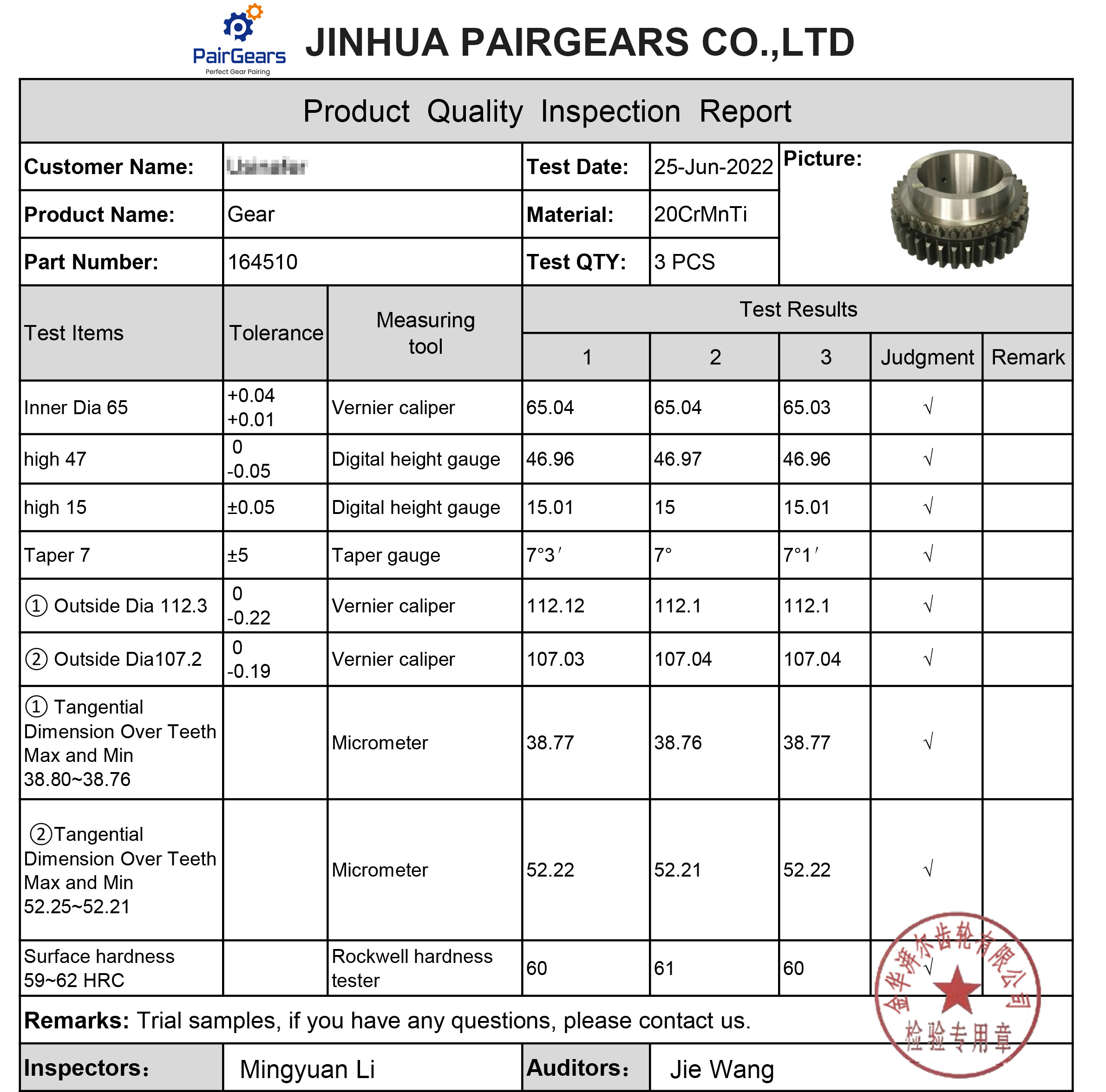 Hardness Inspection Report