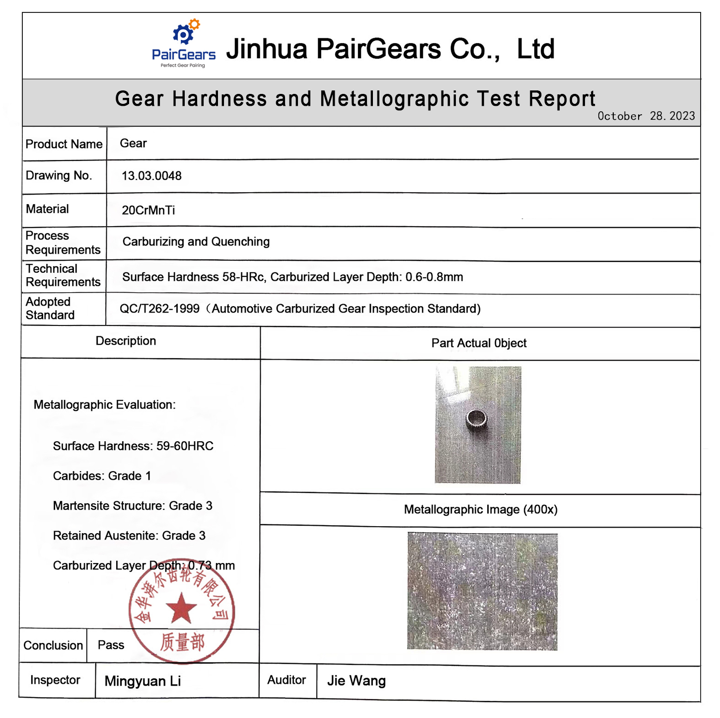 Gear Hardness and Metallographic Test Report