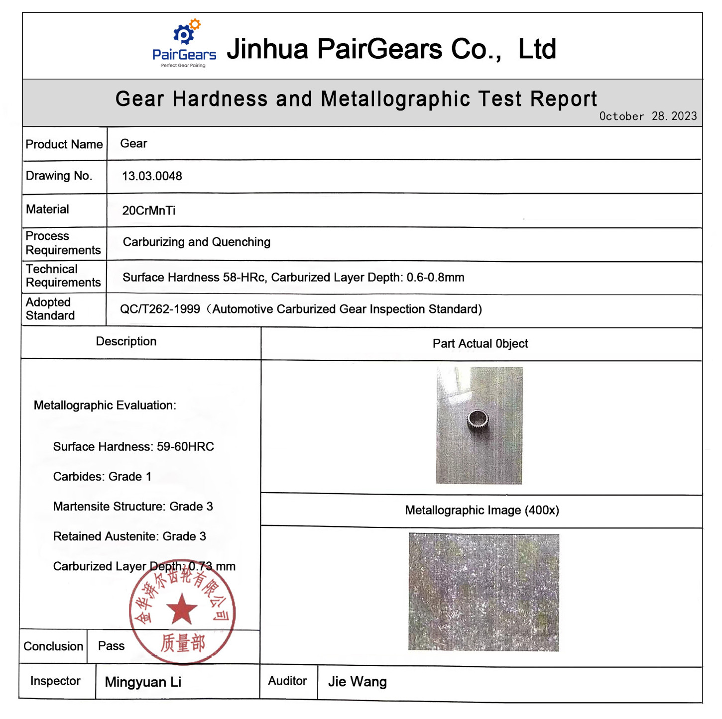 gear hardness and case depth inspection report