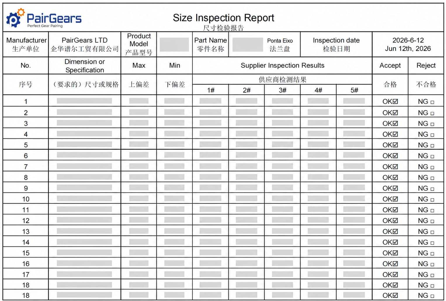 Dimensional inspection report for Ponta Eixo flange shaft