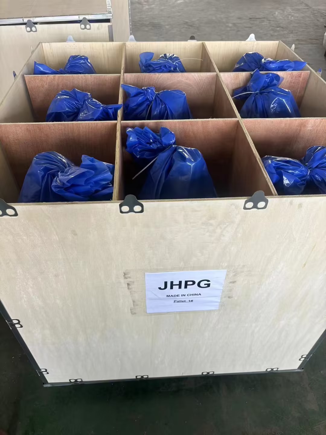 Custom plywood crate with separated cells for heavy flange shafts