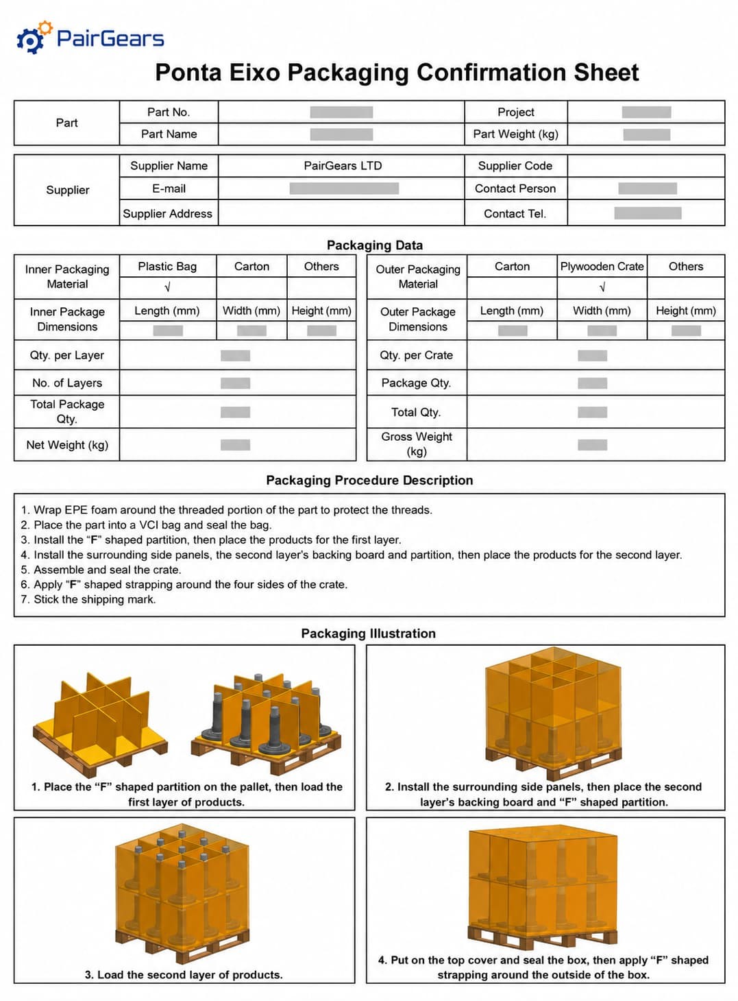 packaging confirmation sheet for custom flange shaft export packaging