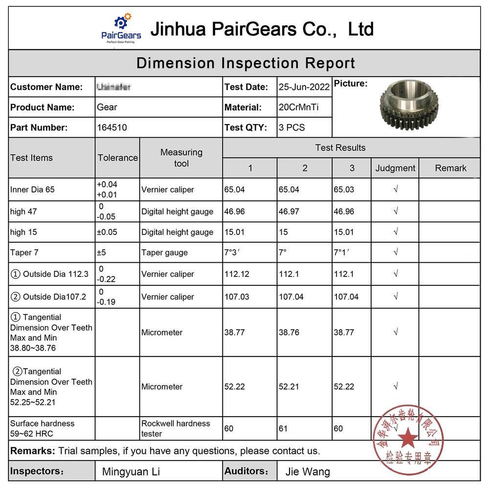 PairGears sample dimensional inspection report for custom gears and shafts