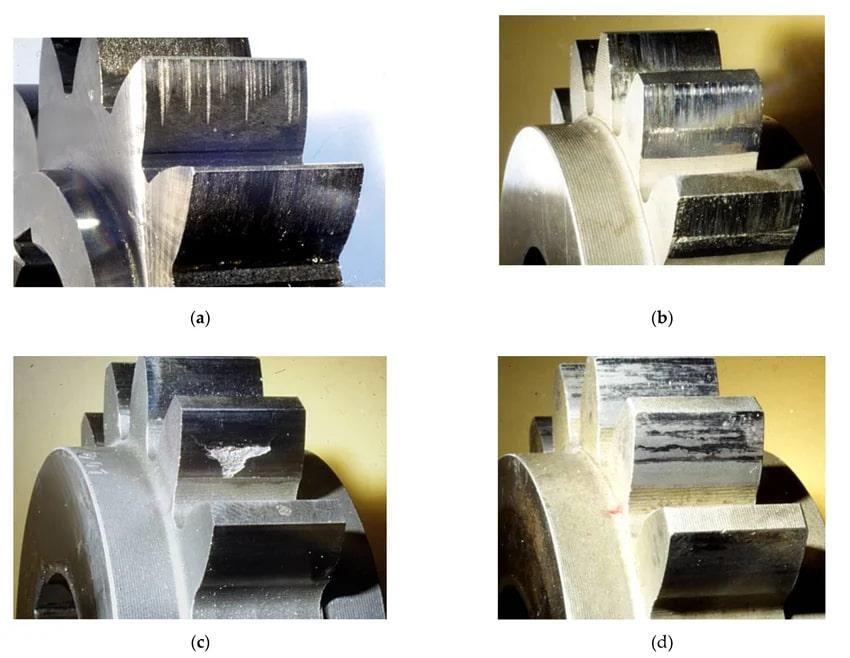 Typical appearance of scuffing (a), sliding wear (b), pitting (c) and micropitting (d) on gear flank