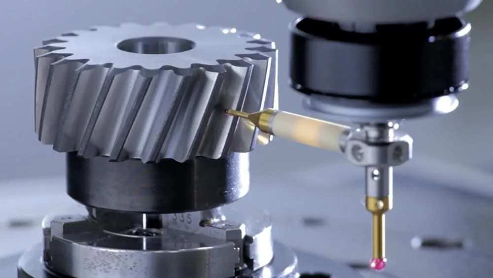 Helical gear being inspected on a coordinate measuring machine