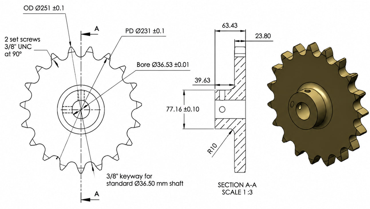 Custom sprocket dimensions including pitch diameter outside diameter bore hub diameter and length through bore