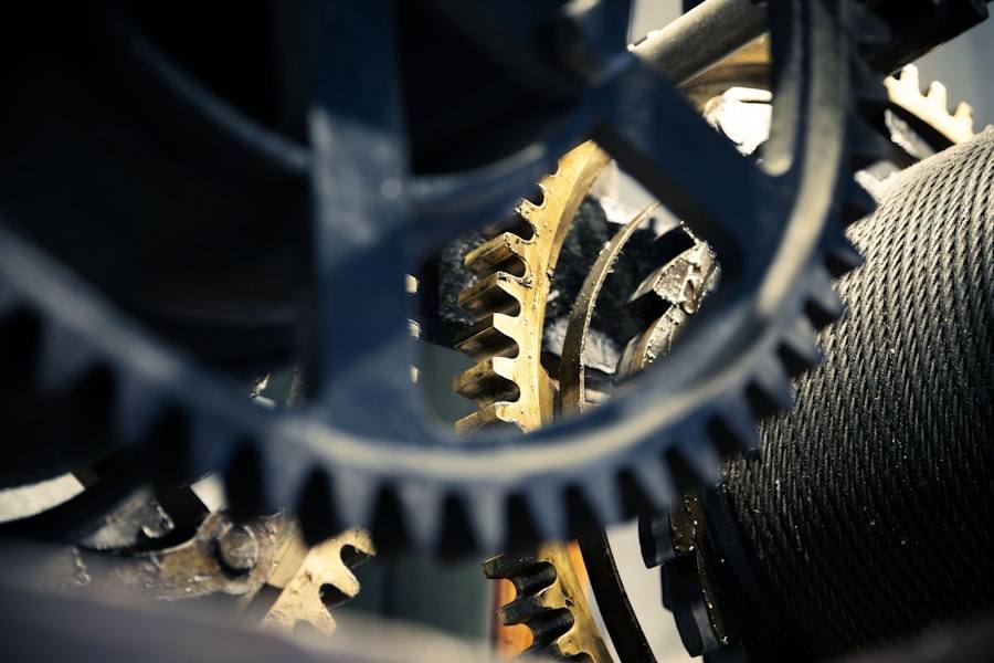 Close-up of a gear wheel on a machine.