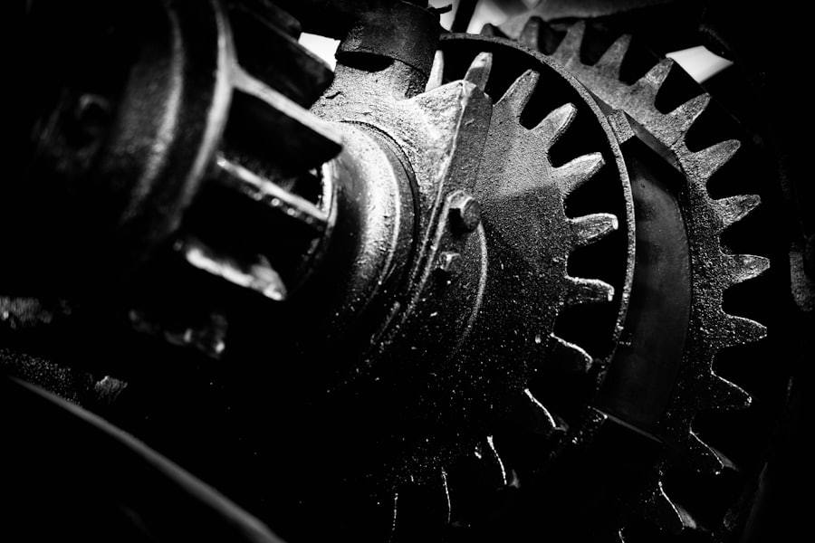 Close-up of interlocking metal gears.