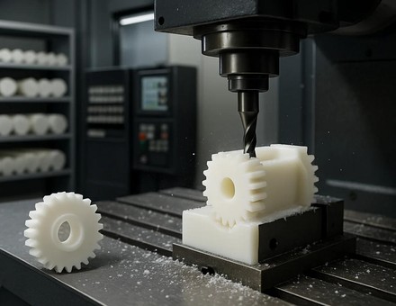 Machining a white plastic gear on CNC equipment