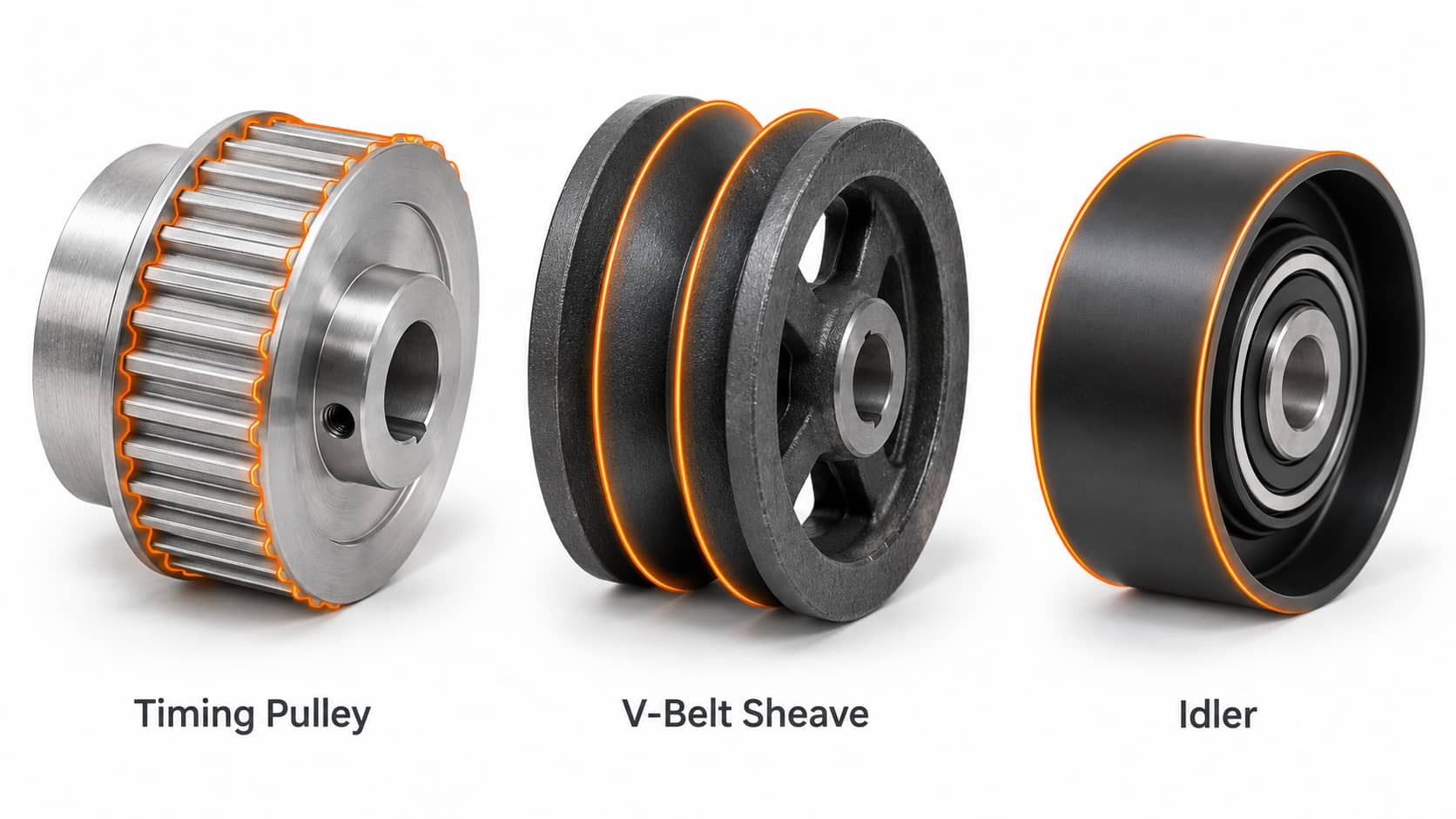 Timing pulley, V-belt and idler showing their different belt-contact areas