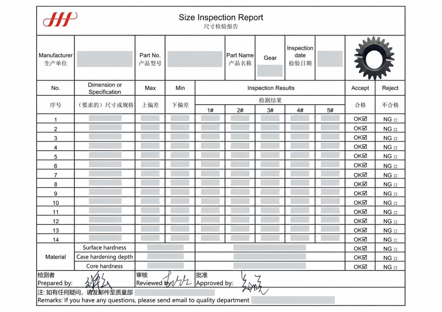 Dimensional checks carried out during agricultural gear sample validation