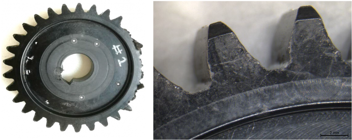 Microscopic views of tooth-flank damage after polymer gear testing