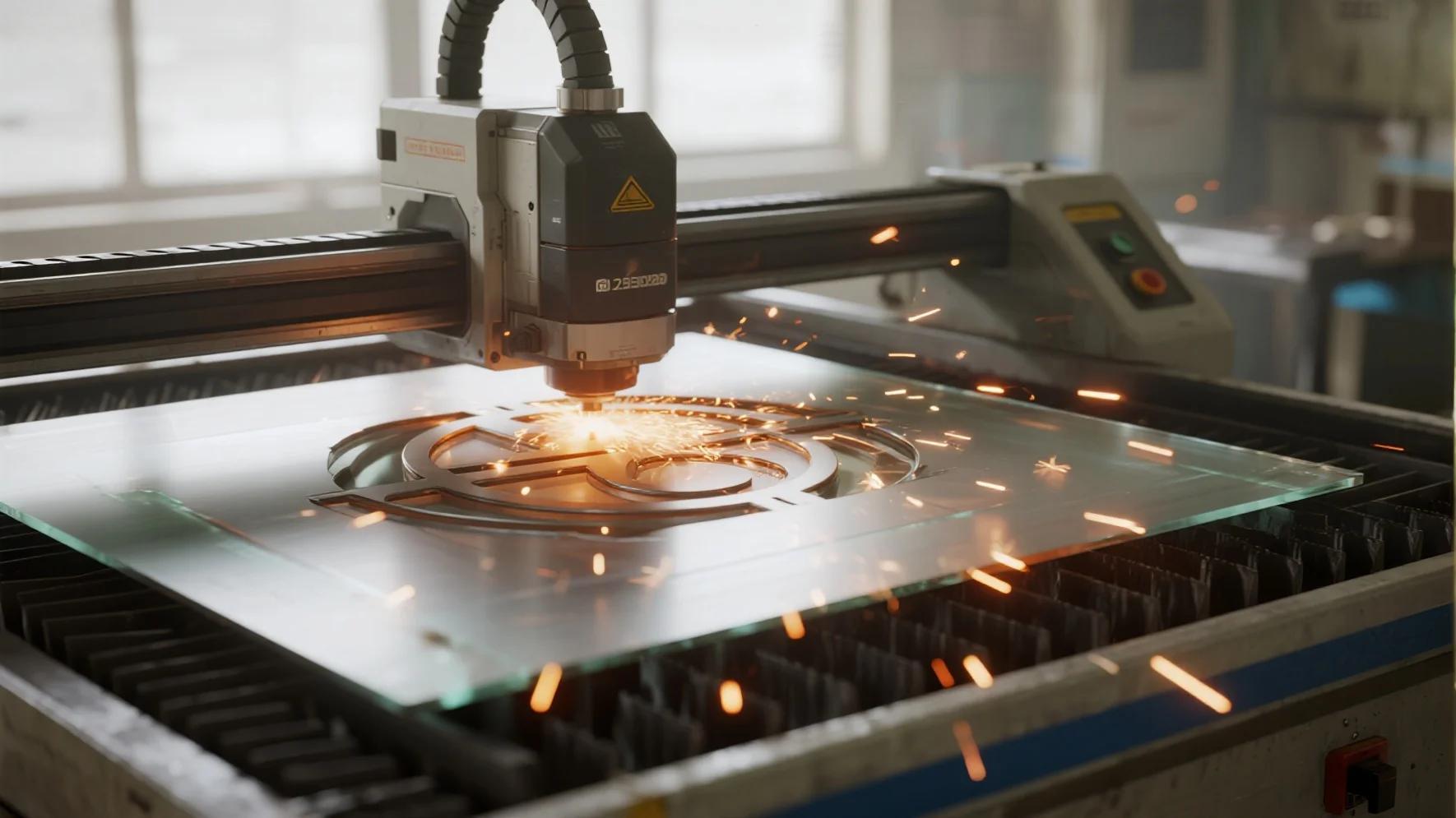 CO2 laser cutting acrylic sheet in industrial workshop