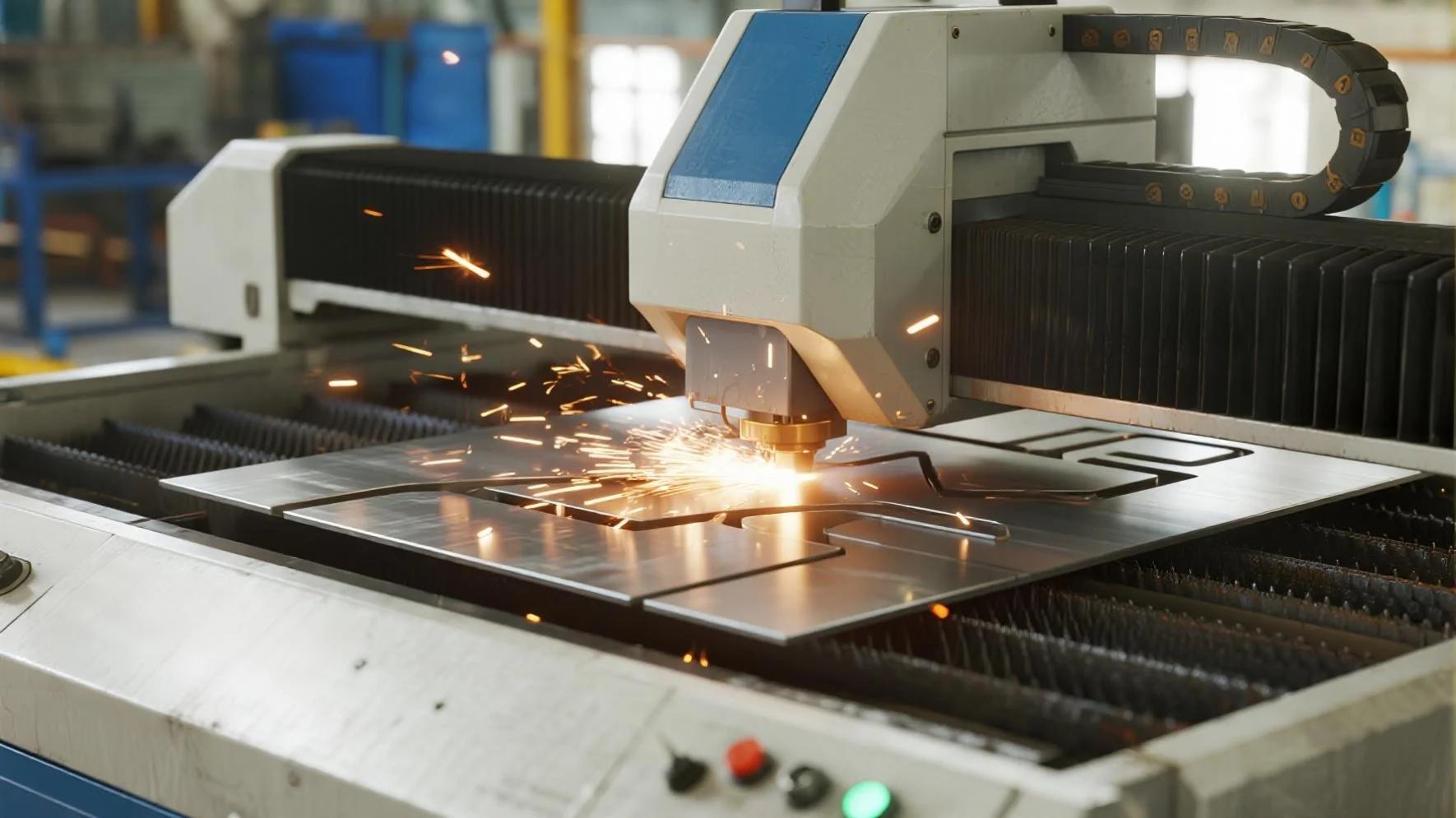 Fiber laser cutting stainless steel sheet, sparks flying