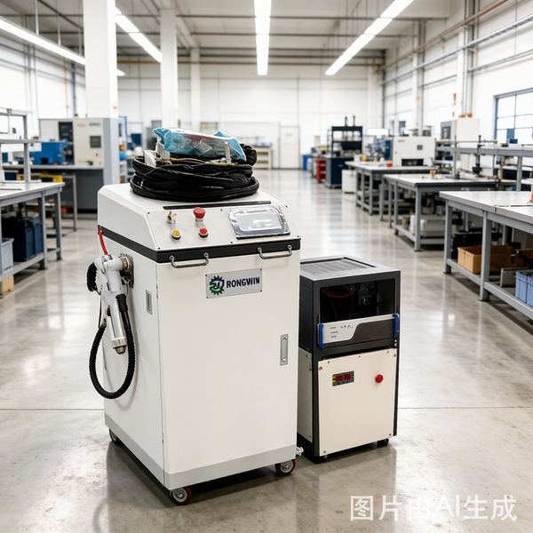 RONGWIN 3-in-1 handheld fiber laser welding machine with touchscreen control panel in modern factory workshop