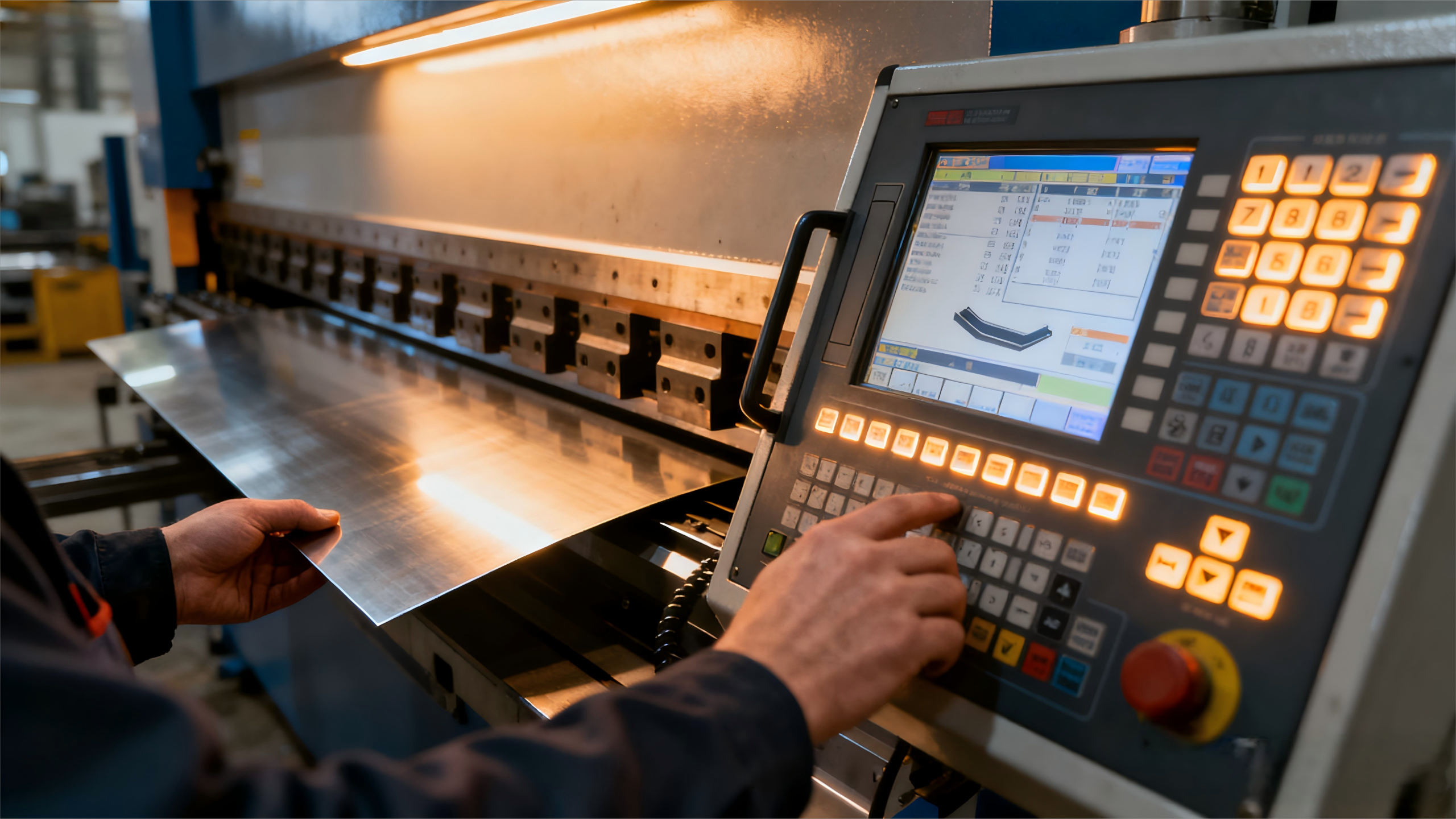 Operator using a CNC press brake with precise measurements