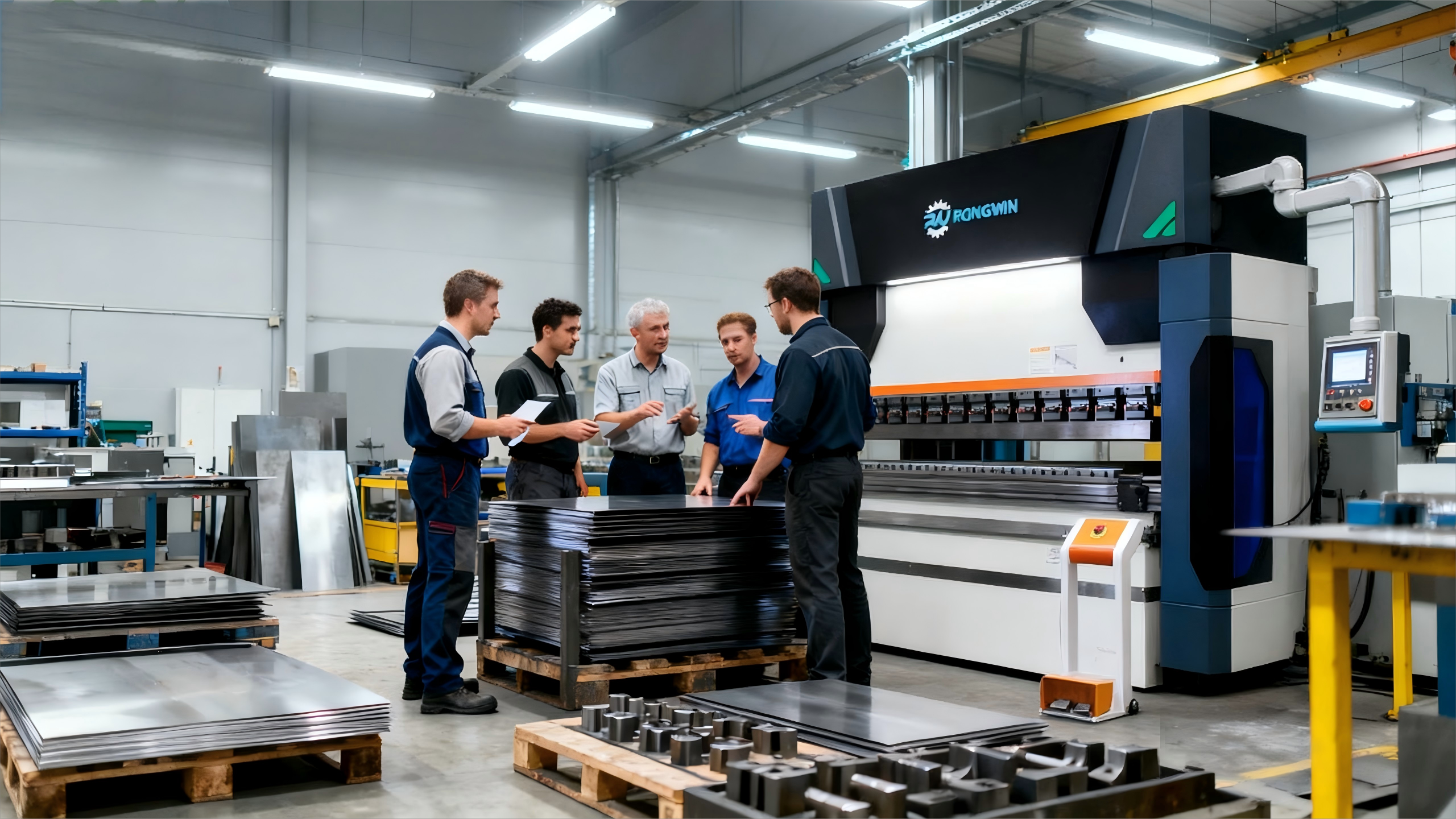 Team collaborating near a press brake to optimize workflow