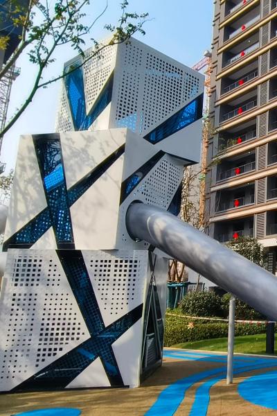Geometric Rubik's Cubes Dual Slides | Stainless Steel Slide | Custom Design Play Tower