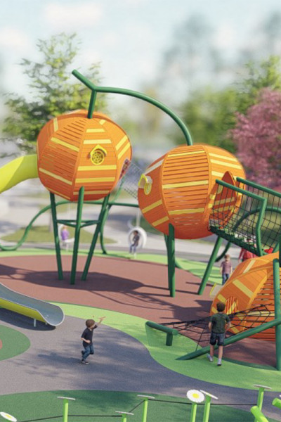 Pumpkin Play Systems | Stainless Steel Slide | Food-Shaped Play Equipment | Outdoor Playground Sets |  Custom Design