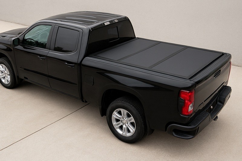 Fully closed hard folding tonneau cover on pickup truck