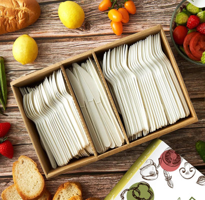 Sustainable Reusable Cutlery and Spoons Bamboo Cutlery Biodegradable PP Spoon Fork Chopsticks for Camping Parties Travel Flatware Sets for Home Use