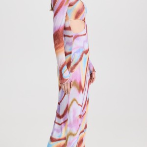 2024 New Fashion High Quality Kaleidoscope Print Long Sleeve Dress digital printing mesh evening dress