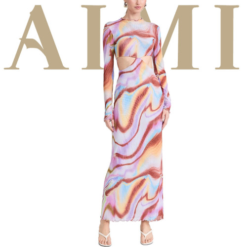 2024 New Fashion High Quality Kaleidoscope Print Long Sleeve Dress digital printing mesh evening dress