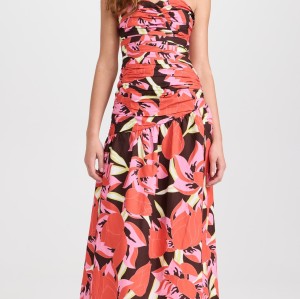 Summer New women's Ruched Bodice Rojo Print Strapless backless Maxi Evening Party Dress For Lady