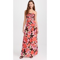 Summer New women's Ruched Bodice Rojo Print Strapless backless Maxi Evening Party Dress For Lady