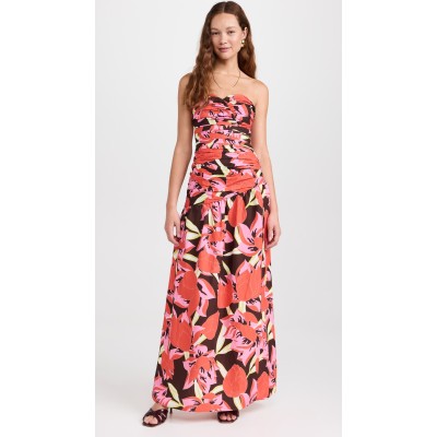 Summer New women's Ruched Bodice Rojo Print Strapless backless Maxi Evening Party Dress For Lady