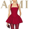 OEM 2024 Women Custom Summer Sleeveless Fitted A Line Pleated Dress Classic Soft Cotton Elegant Solid Red Halter Mini Dress