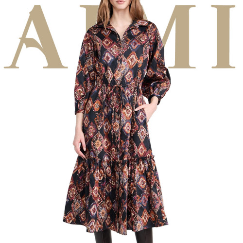 Hot Sales Fashion Geometric Floral Printed Puff Sleeve Long Beach Dress Casual Vintage Plus Size Tired Ruffle Women's Dress Skirt