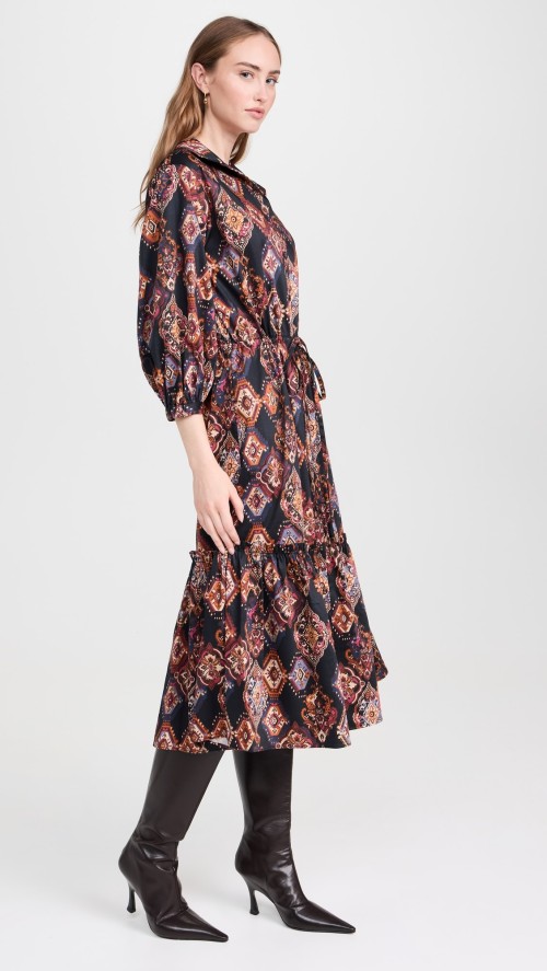 Hot Sales Fashion Geometric Floral Printed Puff Sleeve Long Beach Dress Casual Vintage Plus Size Tired Ruffle Women's Dress Skirt