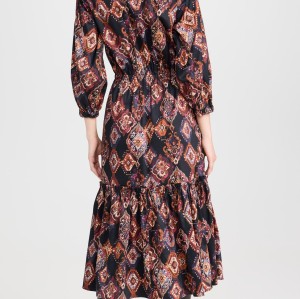 Hot Sales Fashion Geometric Floral Printed Puff Sleeve Long Beach Dress Casual Vintage Plus Size Tired Ruffle Women's Dress Skirt