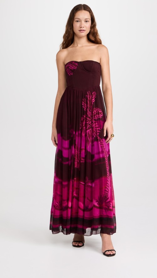 Strapless sweetheart neckline pleated skirt printed crinkled chiffon long dress