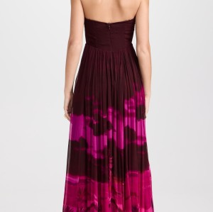 Strapless sweetheart neckline pleated skirt printed crinkled chiffon long dress