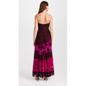 Strapless sweetheart neckline pleated skirt printed crinkled chiffon long dress