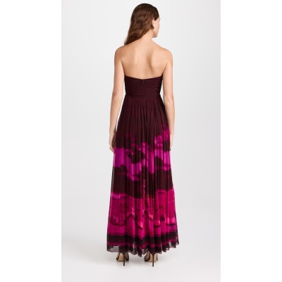 Strapless sweetheart neckline pleated skirt printed crinkled chiffon long dress