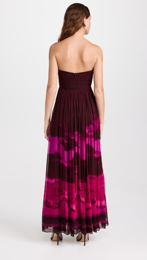 Strapless sweetheart neckline pleated skirt printed crinkled chiffon long dress