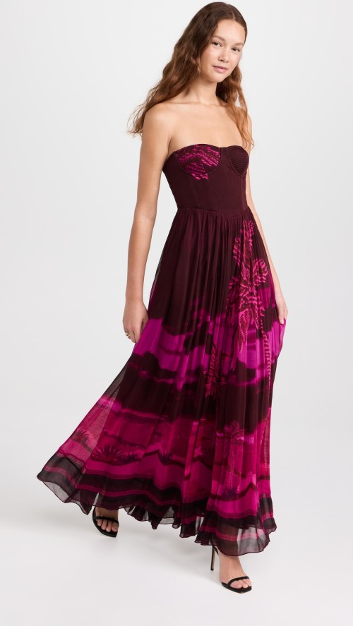 Strapless sweetheart neckline pleated skirt printed crinkled chiffon long dress