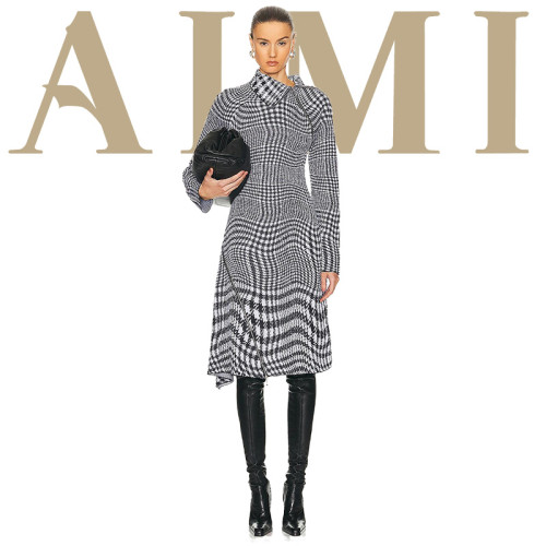 New Winter Autumn Fashion High Neck Zipper Up Checked Wool Long Sleeve Dress