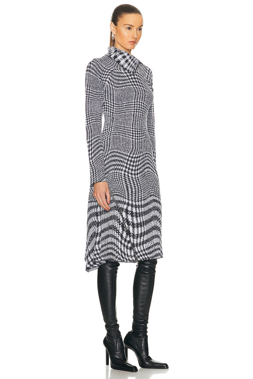 New Winter Autumn Fashion High Neck Zipper Up Checked Wool Long Sleeve Dress